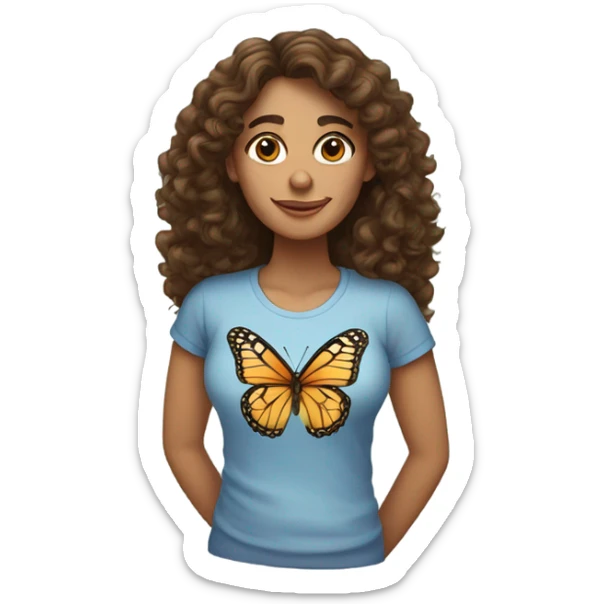 Spanish woman with long curly brown hair wearing a butterfly T-shirt  sticker