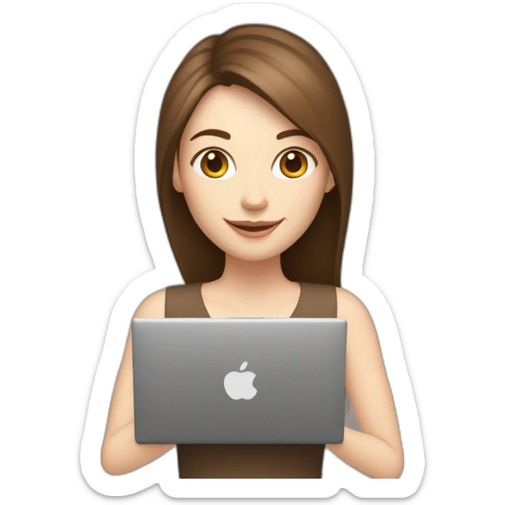 Smiling pale skin woman with middle brown straight hair holding a laptop and a coffee mug on her right hand not full body shot sticker