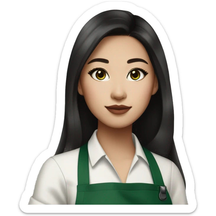 Beautiful and fashionable half white half asian (wasian) starbucks barista with green apron, long dark brown hair, cat eye makeup, light pink glossy lips and blush sticker
