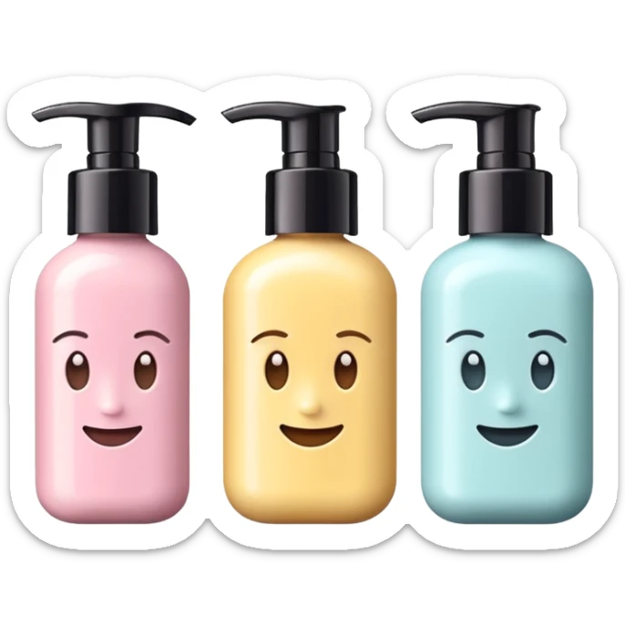 emoji of three different beauty products, with brand labels, minimalistic but luxury design (realistic), pastel colors sticker