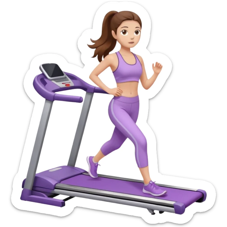 girl with long brown hair on treadmill wearing light purple yoga set sticker