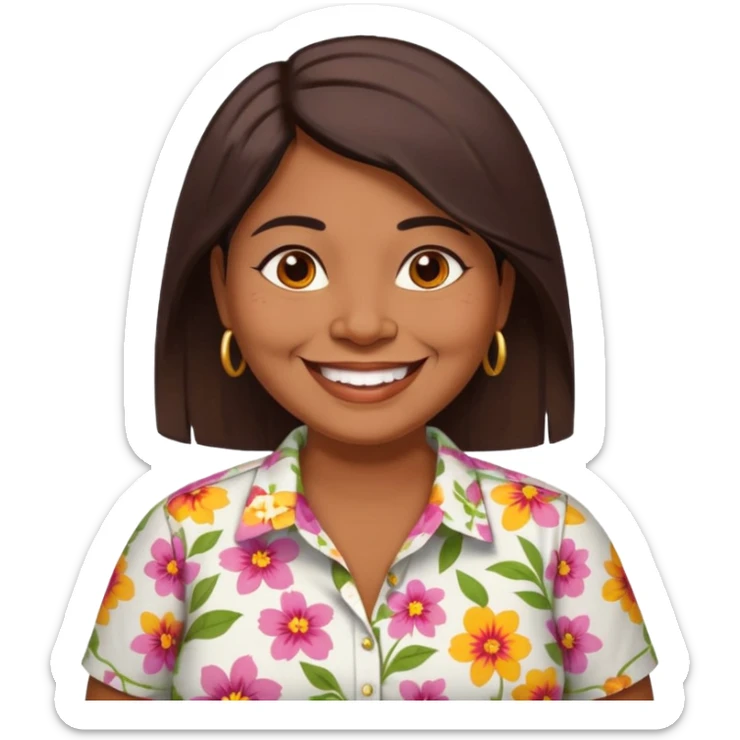 40 yr old chubby sri lankan woman, dark skin, straight brown hair, big smile, white teeth sticker