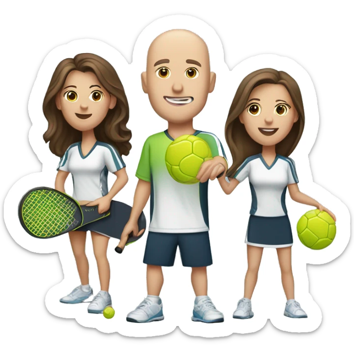 4 Caucasian people playing pickleball with 1 tall bald male, 1 shorter brown hair male, 1 girl with long brown hair, 1 girl  with brown hair sticker