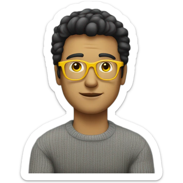 White man with yellow tinted glasses and black hair in a gray jumper and sitting on a chair sticker