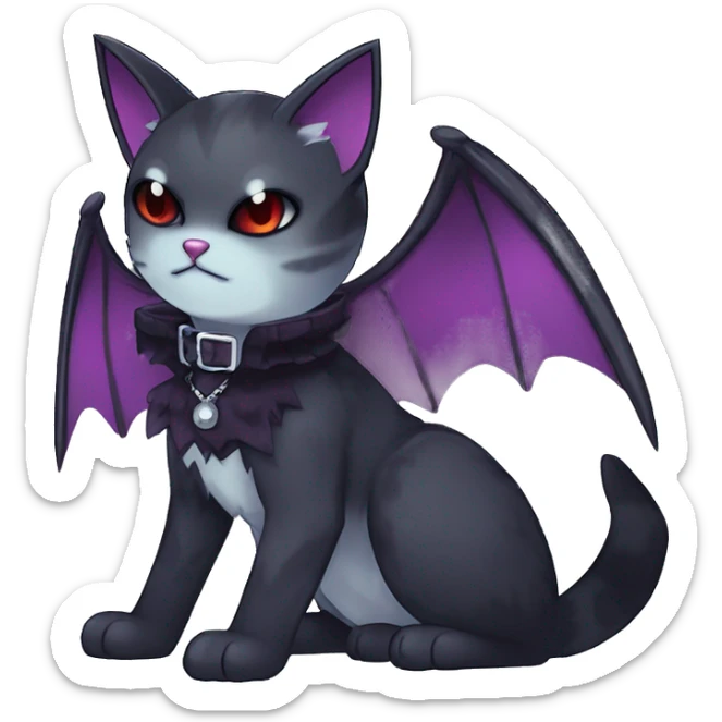   cool edgy kawaii anime-style ethereal dark-punk-themed animal vampiric cat-hybrid Fakemon with fangs and bat-wing-ears with a collar full body sticker