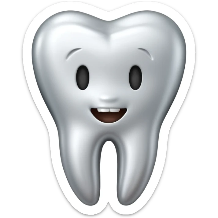 human tooth emoji, smooth chrome ceramic-metal texture, clean medical luxury aesthetic, isolated on white sticker