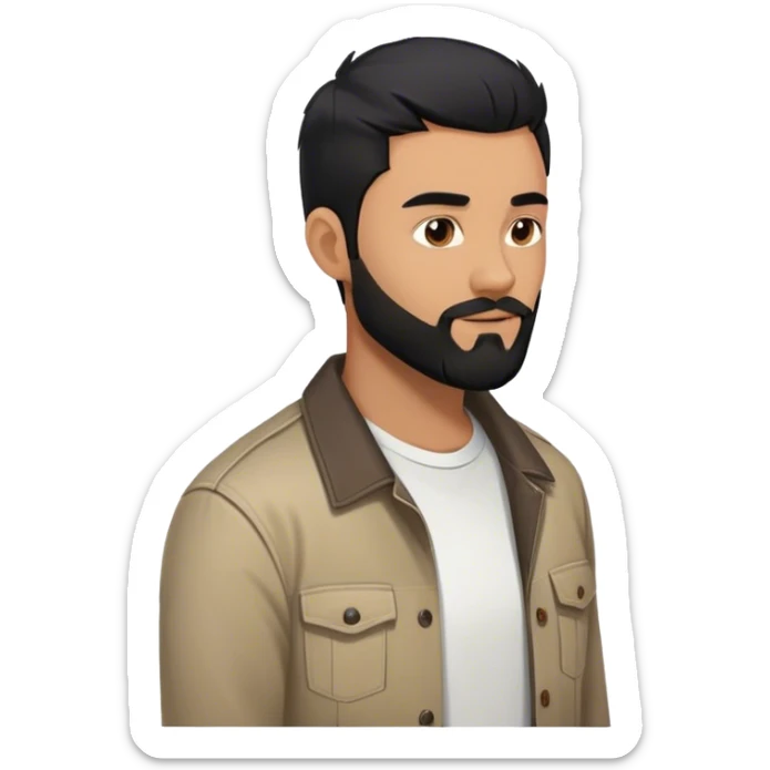 Men around 25 - 27 age with black hair and smooth black beard in shirt or jacket with white t-shirt inside see in towards the user with Right side profile sticker