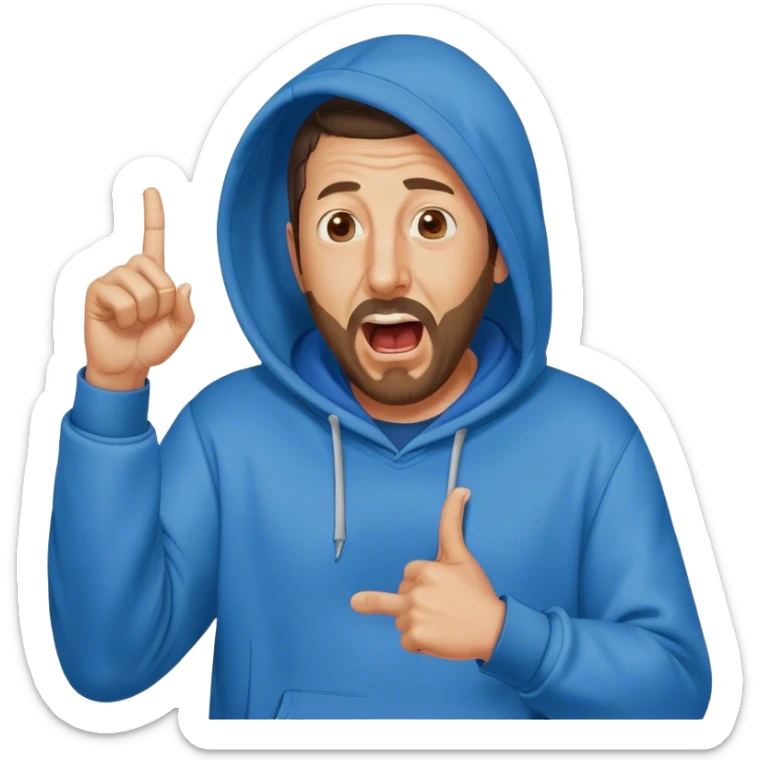 Adam Sandler with a beard in a blue hoodie, the hood on, screaming with the right arm up with index finger pointing up sticker
