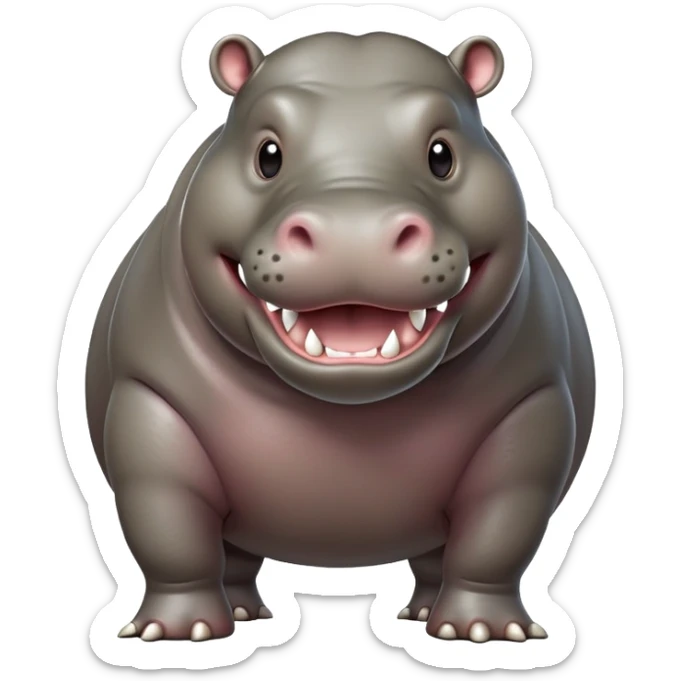 cinematic-hippo-realistic-full-body side view-standing on all fours-emoji,-massive-round-frame,-wide-mouthed-grin-exposing-huge-teeth,-head-tilted-dramatically,-thick-greyish-brown-hide-glossy-from-water,-simplified-yet-realistic-focused-features,-highly-detailed,-glowing-with-an-almost-sarcastic-glow sticker