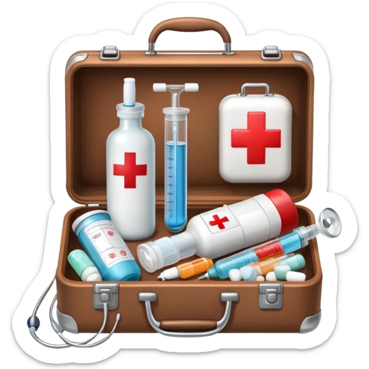 An icon featuring a medical suitcase with a red cross, a bottle of pills, a stethoscope, and a syringe, symbolizing medicine. The design includes a thermometer, bandages, representing healthcare and medical treatment. Transparent background highlights the science of healing. sticker