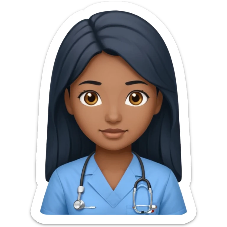 pretty brown skin nurse with long black hair and brown eyes in light blue scrubs sticker