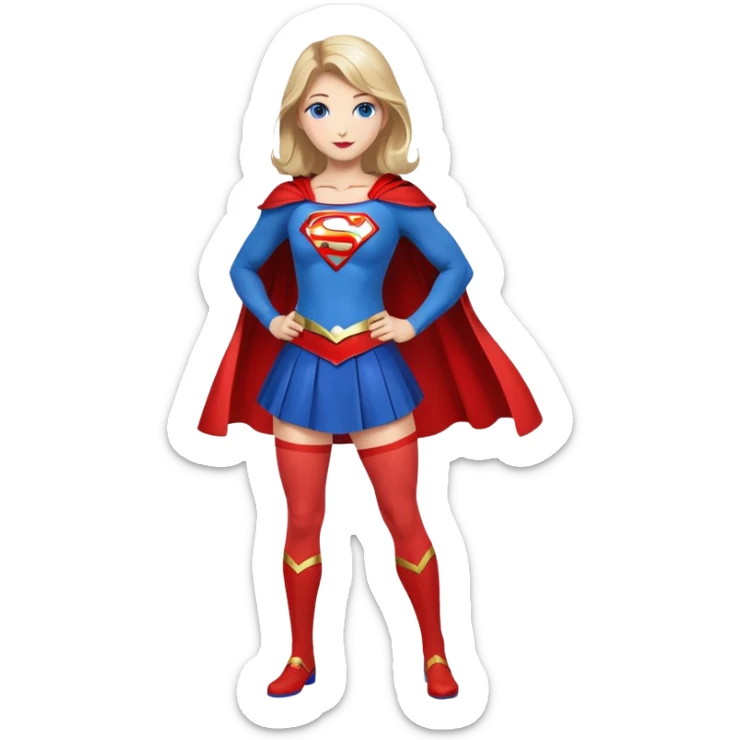 Supergirl superhero full body, blue tights with red skirt, red cape and S emblem on chest sticker