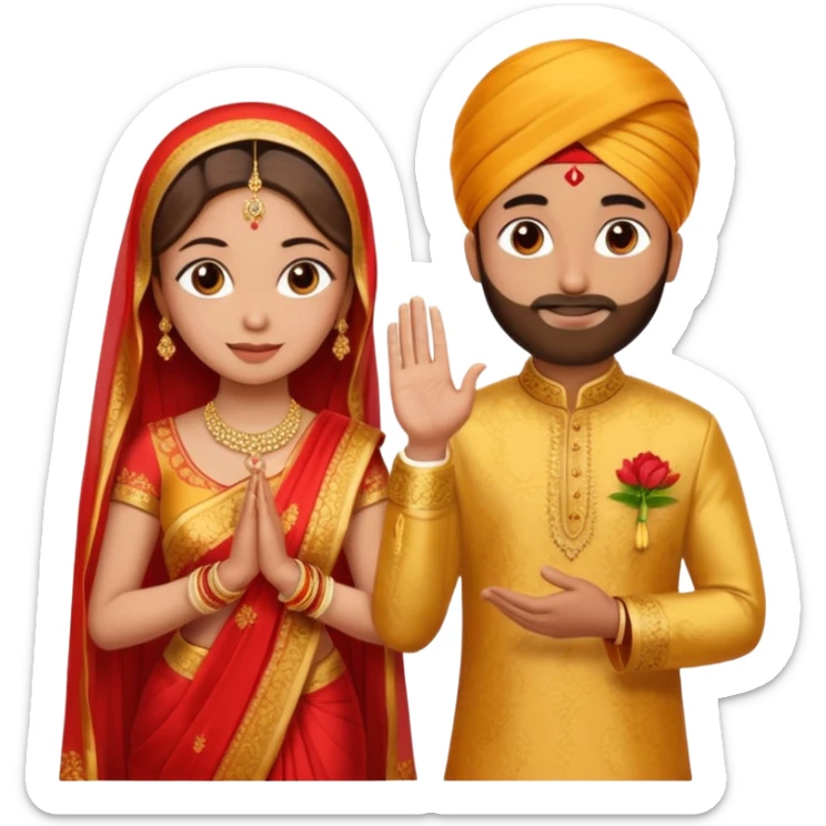 Two hands in a engagement..One hand of groom and one hand of bride. Bride dress - red/yellow saree. groom- light orange punjabi (oonly hands will be visible in the image) sticker
