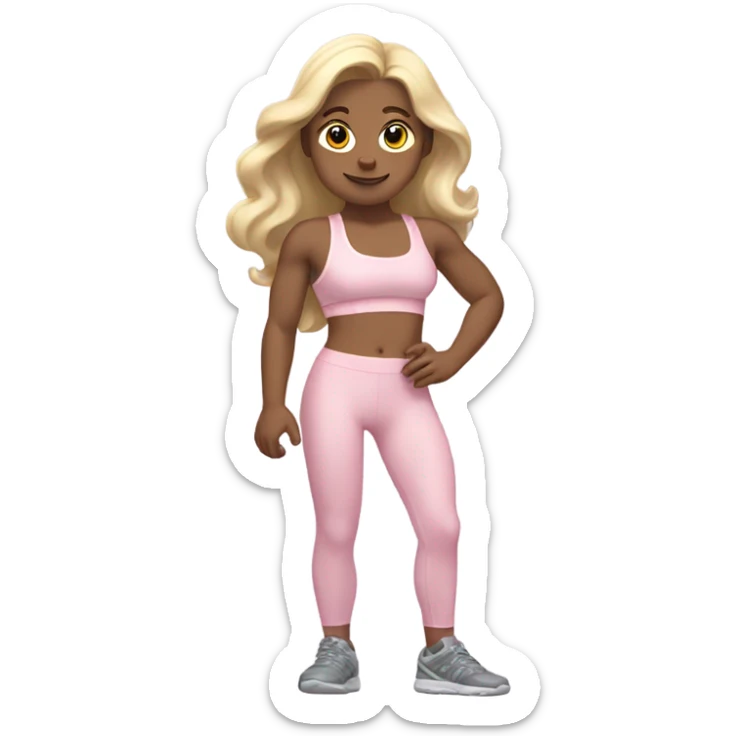 White woman, pale woman, long hair, blonde hair, wavy hair, baby pink sports bra, baby pink leggings, flexing right arm sticker