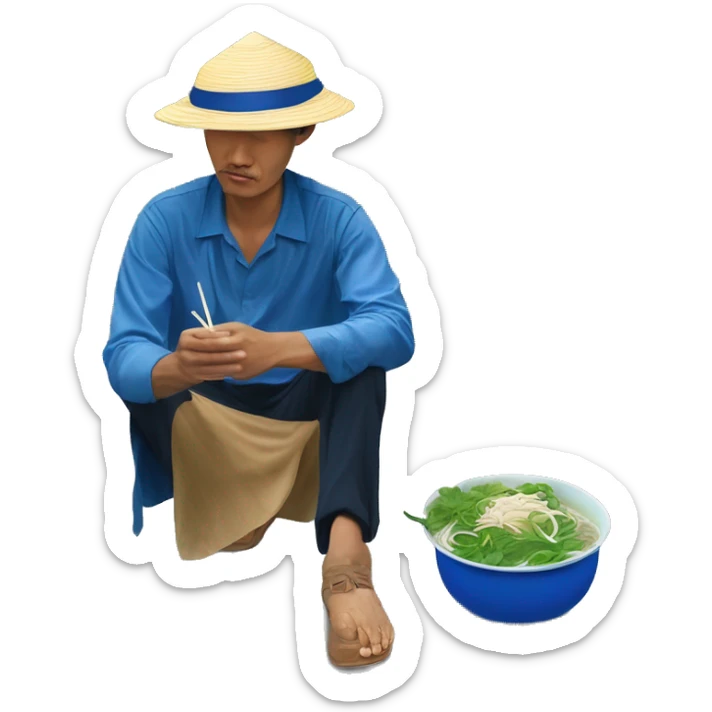 filipno man wearing vietnamse leaf hat sitting on the ground outside on the street in Vietnam eating a bowl of pho - the bowl itself is on a blue plastic stool sticker