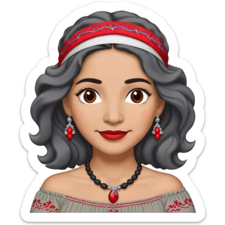 Latina woman, about 50, light brown skin, round face, wavy shoulder-length black and gray hair, red/white headband, medium eyes, thin eyebrows, subtle smile, gray peasant blouse, embroidery, bare shoulders, big dark necklace sticker