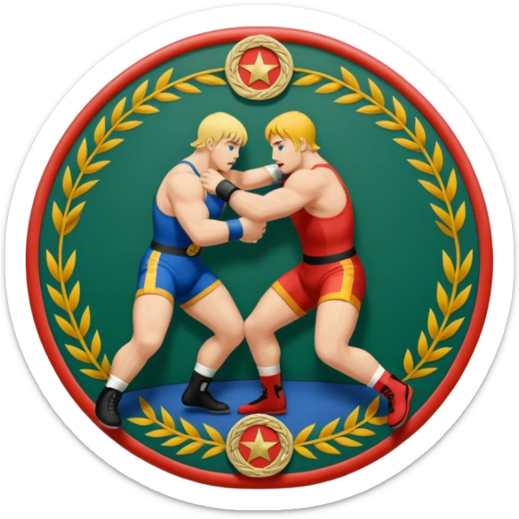 An icon symbolizing wrestling combat sports in the style of an emblem. The design features two wrestlers locked in a powerful grapple, one attempting to take the other down. Surrounding the scene are stylized elements like a championship belt, wrestling mat, and a laurel wreath. sticker