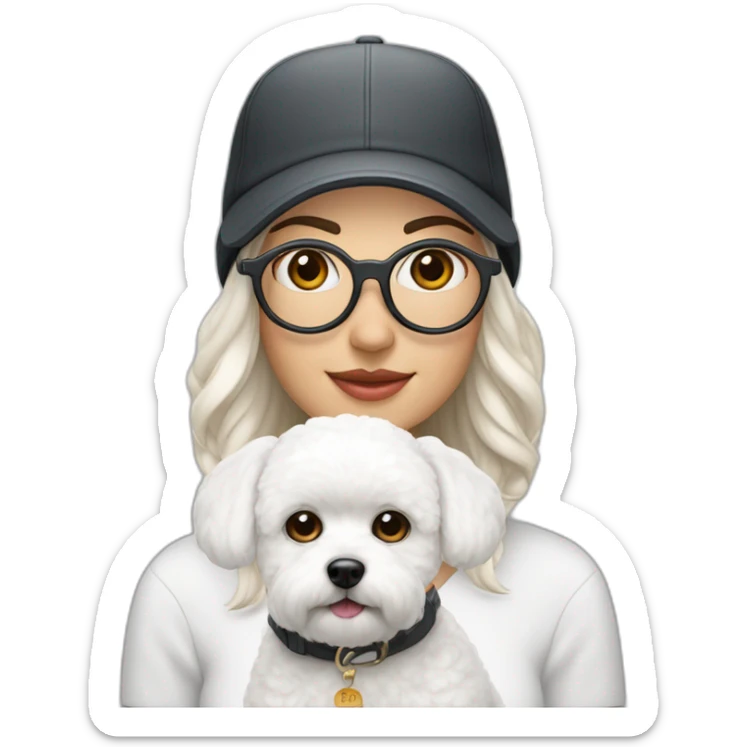 mujer piel blanca con gorro en la cabeza gafas y un perro bichon maltés blanco sticker