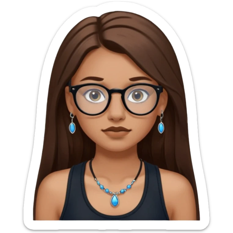 White girl with long brown hair, part going more to the RIGHT side, BLUE eyes, wearing BLACK plastic frame glasses. SEPTUM nose piercing hoop (at bottom of nose) AND stud nose piercing on right side of nose. Wearing BLACK tank top. No other jewelry sticker