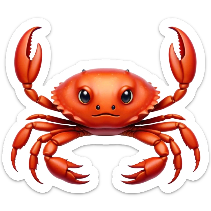 Cinematic Realistic Cute Crab Portrait Emoji, Head tilted playfully and inquisitively, featuring a compact, sturdy form with a glossy red shell uniquely forming an endearing face with bright, sparkling eyes, rendered with intricate natural textures and subtle coastal hues, high shine, affectionate and spirited, styled with a touch of seaside whimsy, soft glowing outline, capturing the essence of a mischievous yet lovable crab that seems ready to pinch playfully out of the screen into your arms! sticker