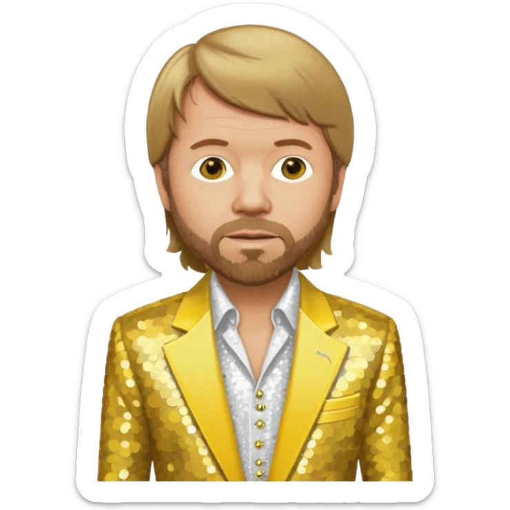 Björn Ulvaeus from ABBA with dark blonde hair, yellow sequin shirt, white sequin suit jacket sticker