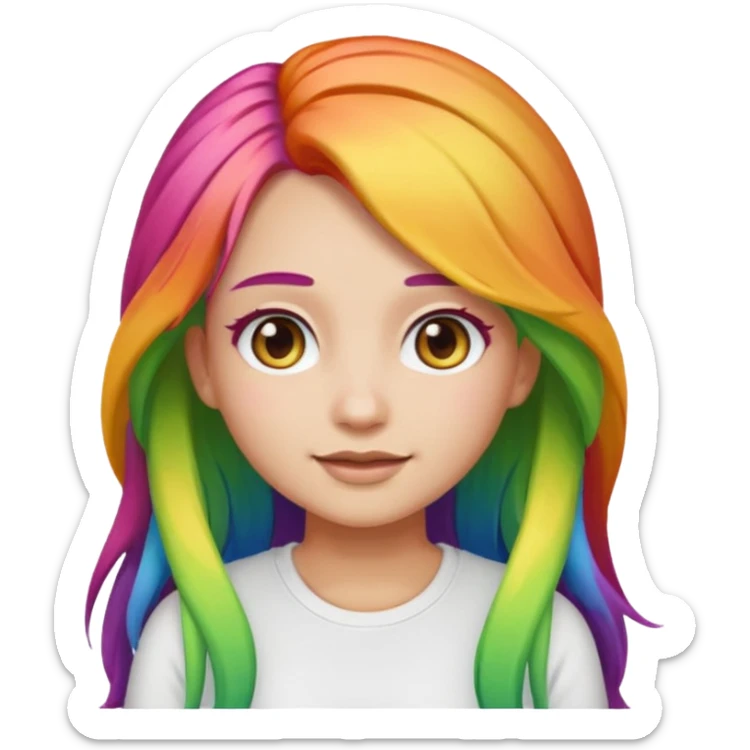 girl emoji with long rainbow hair, she's wearing a white top and has light olive skin  sticker
