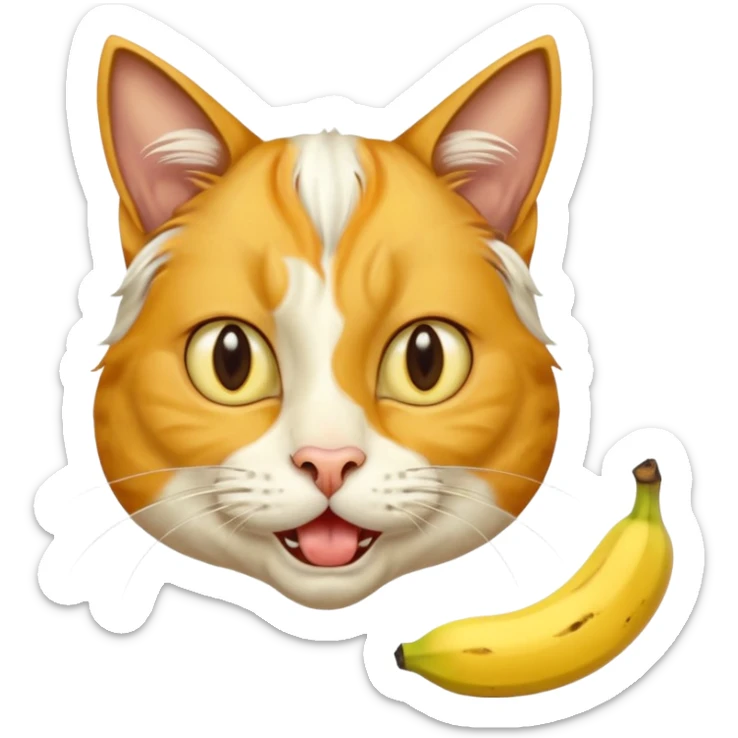 Crazy cat with horse hooves eating a banana with grandmother face  sticker