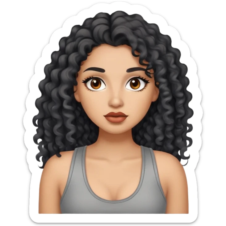 light brown skin tone, very beautiful woman, with big plump lips, long long lashes, black curly long hair, brown eyes, grey tank top sticker