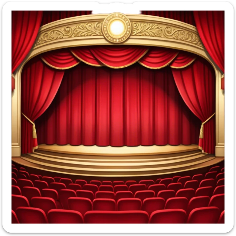 An icon depicting a grand theater stage with heavy curtains, spotlight shining on the performers, and an audience eagerly watching. The scene conveys the drama and excitement of live performances, with dramatic lighting and atmosphere. transparent background. sticker