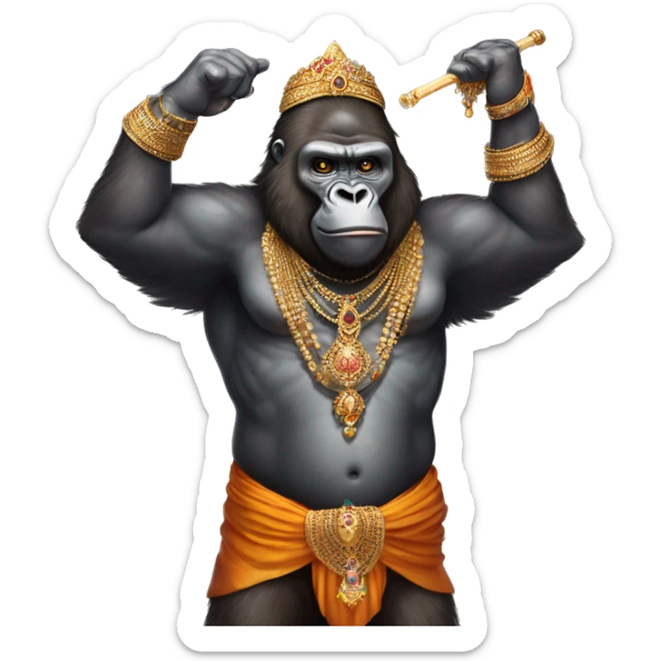 male gorilla with indian male jewellery and south indian trditional wear, holding a mace, humanoid,  sticker