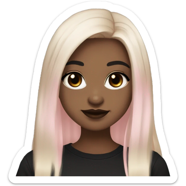 Slavic girl, goth eyes makeup, pink beige lips, brown eyes, long black-to-blonde ombre straight hair, black T-shirt, chibi, smiling. sticker