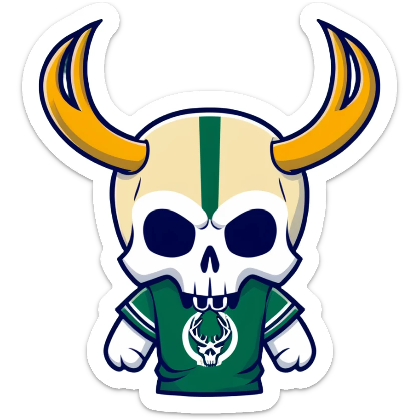 cool skull in Milwaukee Bucks basketball team colors (dark green, cream, and blue) sticker