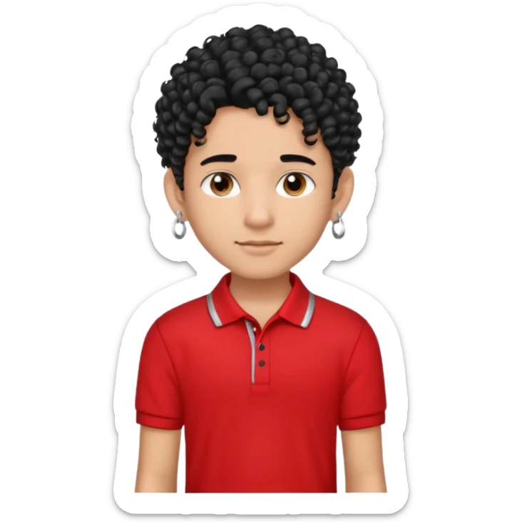 teen boy, indian, black curly hair, undercut hairstyle, silver earring in one ear, red polo shirt, silver chain sticker