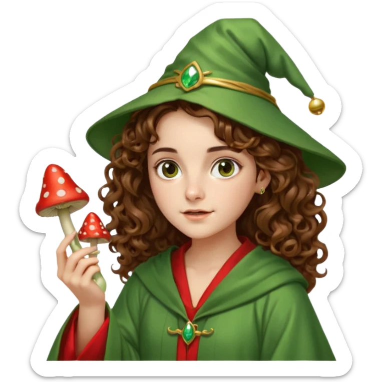 very beautiful italian girl, looking like Emma Watson, with curly and big volume very bright brown hair, and a golden piercing ring in nose on left side, dressed in a beautiful wizard robe of green colors, holding red fly mushroom sticker