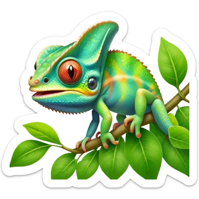 cinematic cute -baby chameleon-realistic emoji, mouth wide open with tongue out catching prey, -blending-with-vibrant-greenery.-detailed-scales-in-shifting-colors,-showing-the-chameleon’s-ability-to-camouflage.-soft-natural-light-highlights-its-texture.-light-background, zoomed into its face sticker