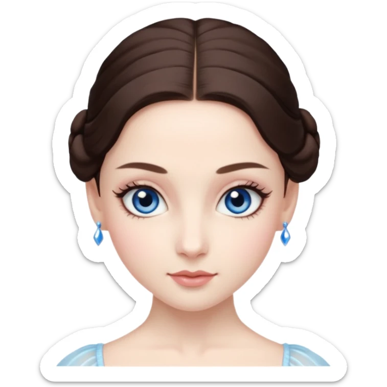 Realistic Ballerina Portrait, with porcelain-like skin featuring a natural rosy flush, illuminated by soft lighting that highlights the gentle contours of her face. Her Brunette hair flows in soft.Her deep blue eyes radiate framed by arched brows and long lashes. sticker