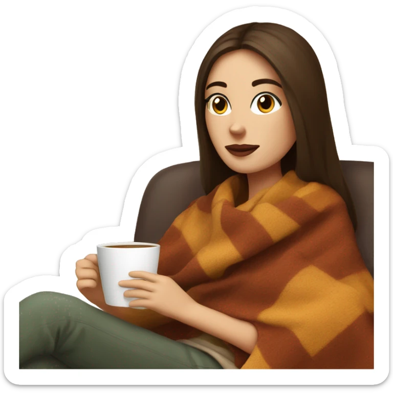 Brunette white girl covered in blanket autumn vibe sitting on a cozy chair holding coffee,  sticker