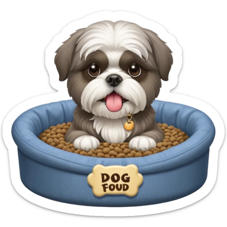 old ALL grey shih tzu in dog bed tongue hanging out with a bowl of food sticker
