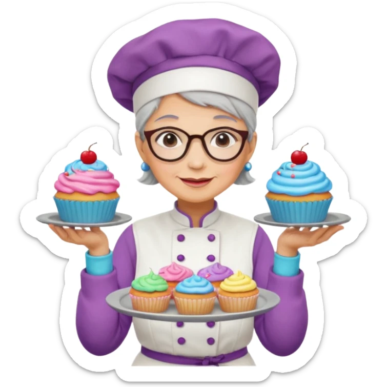 Older female pastry chef – round glasses, oven mitts on, holding a tray of cupcakes

 sticker