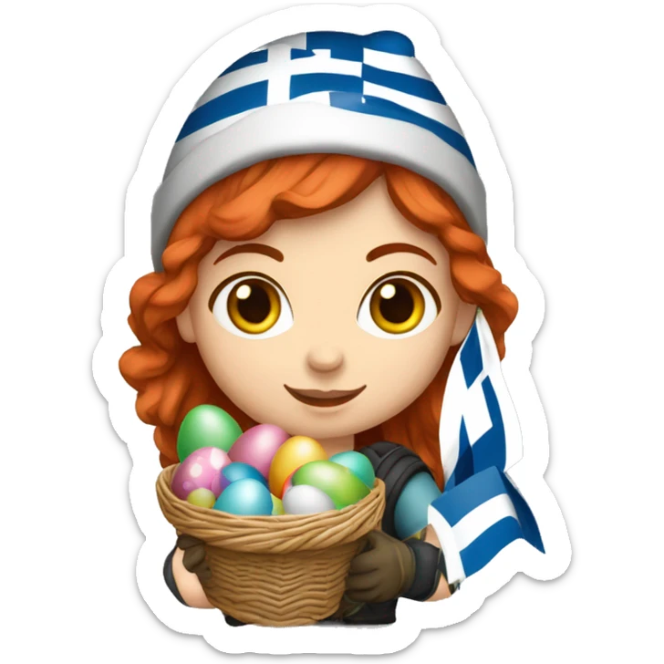 Greek Female winter mountaineer red hair white skin climbing with Greek Flag and Easter eggs basket sticker