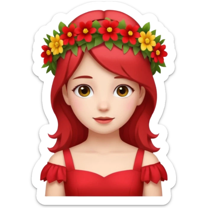 girl with flower crown in red dress and colored flowers sticker