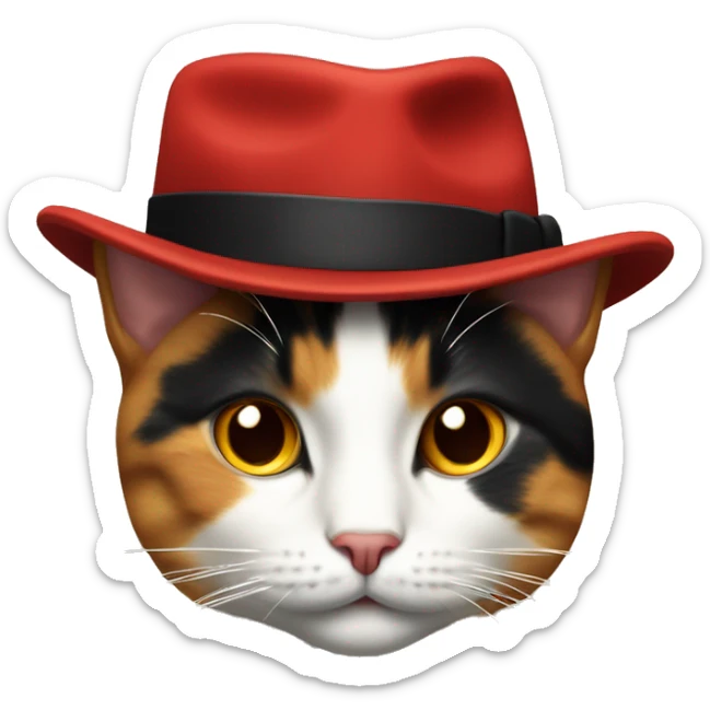 a calico cat wearing a red fedora hat with a black band in the style of the windows 10 emoji head only no body sticker