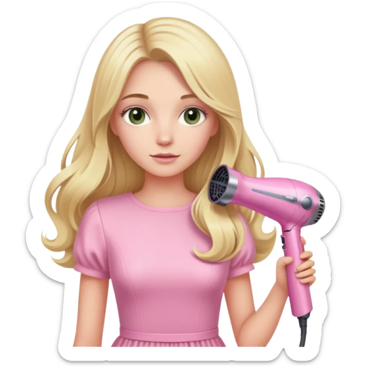 blonde girl with long hair and swamp-colored eyes in a pink pastel dress, holding a pink Dyson hair dryer sticker