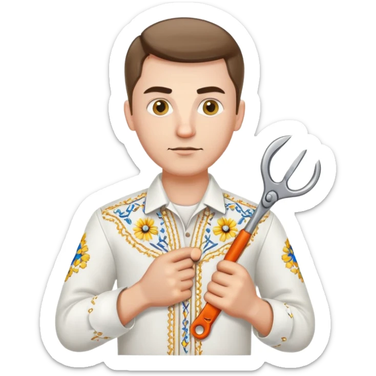 Ukrainian man in white embroidered traditional shirt holding a wrench in one hand and scissors in other hand sticker