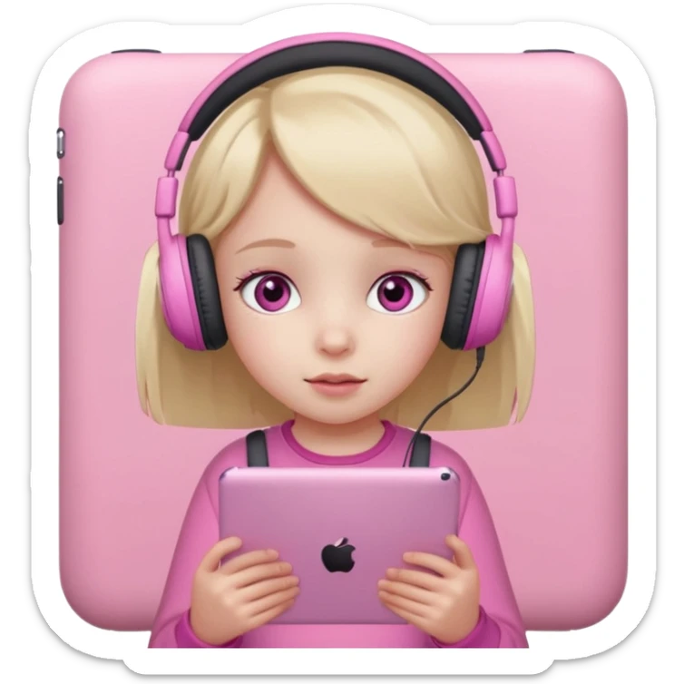 Little girl with headphones when pink eyes and pink iPad and pink dreamy background sticker