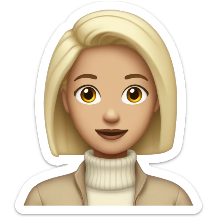 a bald girl wearing a white turtleneck sweater and a beige jacket out the sweater sticker