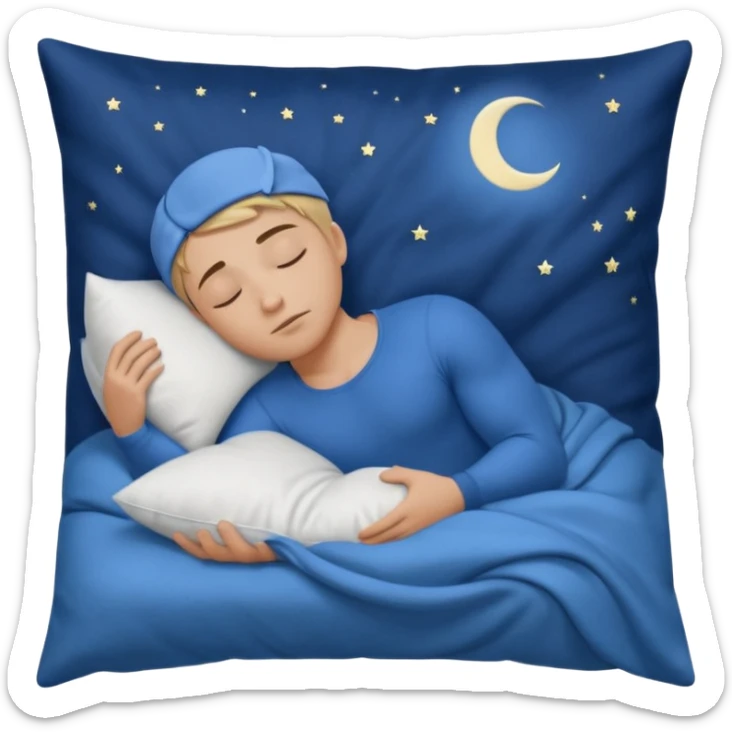 “A young muscular male with short dark-blonde hair and medium-light skin, wearing blue cloth. He sleeps on his side, holding a soft white pillow, his head on a smooth blue pillow. A sleeping symbol floats above him in the dark, nighttime scene. A flowing blue blanket with silky folds covers him. sticker