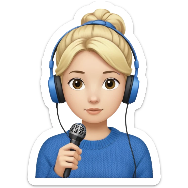 a girl with blue knitwear with a blonde hair
bun and her job is a podcaster (microphone in front of her and a headphone at her head) sticker