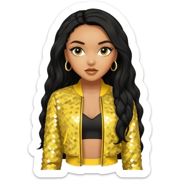 Leigh-Anne Pinnock from Little Mix with long black hair, yellow sequin outfit sticker