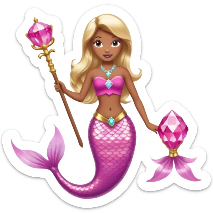 Brown skin blonde hair barbie mermaid with pink diamond tail and wand  sticker